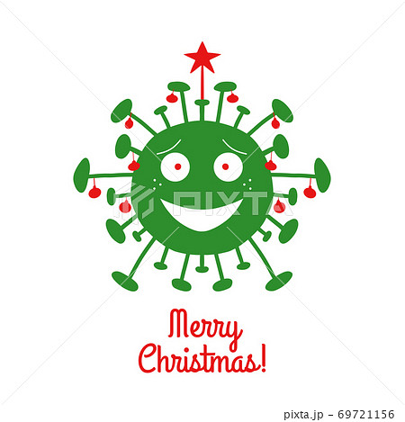 Merry Christmas. Green cartoon coronavirus bacteria with red christmas tree balls and star on the top. Isolated on a white background. Vector stock illustration. 69721156