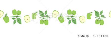 Seamless border with green apples. Endless ornament. Design template. Set of vector fruit isolated on white background. Line pattern. Positive illustration in flat cartoon style. Print, wallpaper 69721186