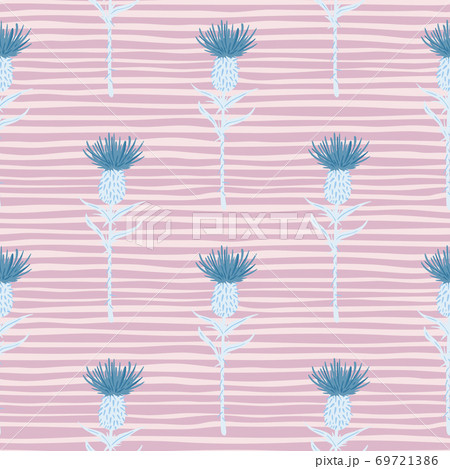Seamless pattern with burdock flowers silhouettes. Doodle simple print with floral blue ornament and pink stripped background. 69721386