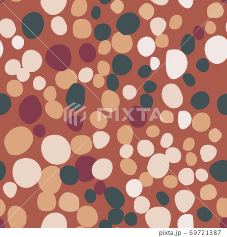 Green, light and maroon rocks simple silhouettes seamless pattern. Doodle masonry print with dark orange background. Green, light and maroon rocks simple silhouettes seamless pattern. Doodle masonry print with dark orange background. 69721387