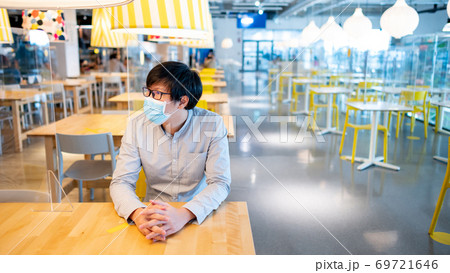 Sitting with shield partition for social distancing 69721646