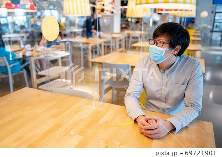 Sitting with shield partition for social distancing Sitting with shield partition for social distancing 69721901