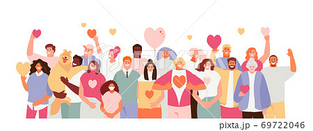 Group of people volunteers with hearts Group of people volunteers with hearts 69722046