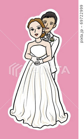 ドレスとタキシードの新郎新婦 白ふち付きのイラスト素材