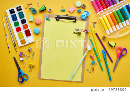 Flat Lay With Various School Supplies On Flat Lay With Various School Supplies On 69723365