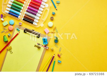 Flat Lay With Various School Supplies On 69723366