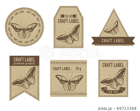 Craft labels vintage design with illustration of common green birdwing, wallace s golden birdwing Craft labels vintage design with illustration of common green birdwing, wallace s golden birdwing 69723368