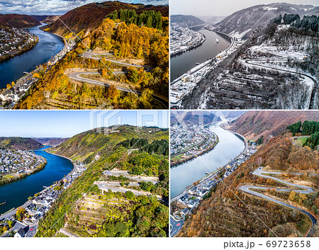 Seasons Concept summer winter fall spring Aerial view of the mosel village Brodenbach in Germany on a sunny day 69723658
