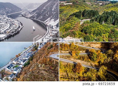 Seasons Concept summer winter fall spring Aerial view of the mosel village Brodenbach in Germany on a sunny day Seasons Concept summer winter fall spring Aerial view of the mosel village Brodenbach in Germany on a sunny day 69723659
