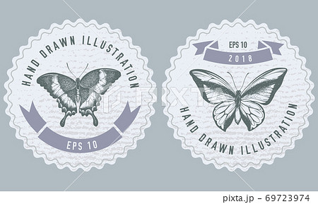 Monochrome labels design with illustration of emerald swallowtail, swallowtail butterfly Monochrome labels design with illustration of emerald swallowtail, swallowtail butterfly 69723974