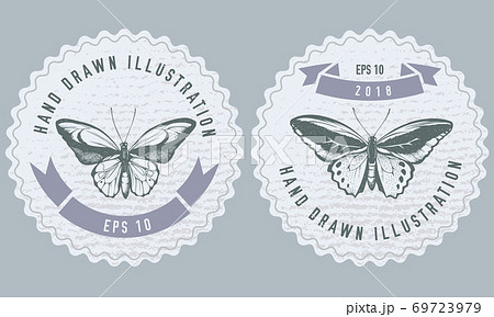 Monochrome labels design with illustration of common green birdwing, wallace s golden birdwing Monochrome labels design with illustration of common green birdwing, wallace s golden birdwing 69723979
