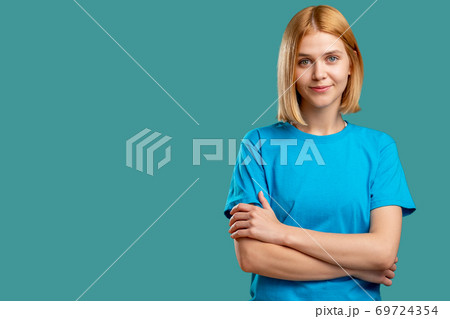 happy woman portrait advertising background teal 69724354
