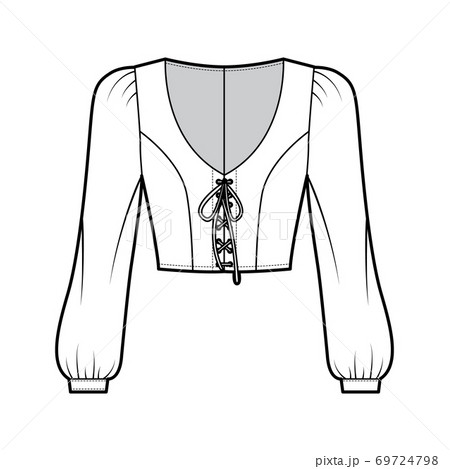 Cropped lace-up top technical fashion illustration with long bishop sleeves, puffed shoulders, fitted body. Flat shirt 69724798
