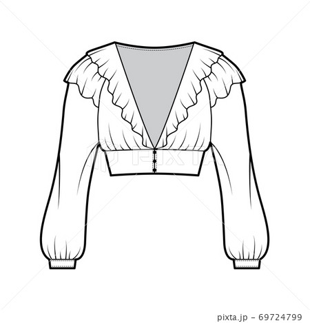 Ruffled cropped blouse technical fashion illustration with long bishop sleeves, puffed shoulders front button fastenings 69724799