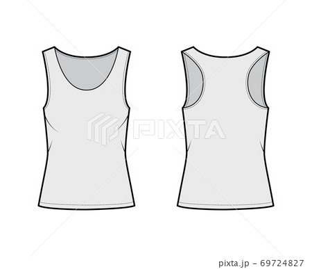 Racer-back cotton-jersey tank technical fashion illustration with relax fit, wide scoop neckline. Flat outwear cami Racer-back cotton-jersey tank technical fashion illustration with relax fit, wide scoop neckline. Flat outwear cami 69724827