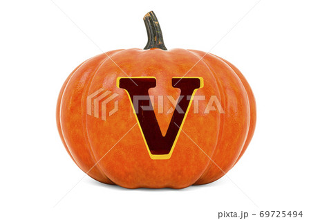 Letter V Halloween Font. Pumpkin with carved letter, 3D rendering 69725494