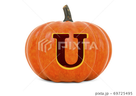 Letter U Halloween Font. Pumpkin with carved letter, 3D rendering Letter U Halloween Font. Pumpkin with carved letter, 3D rendering 69725495