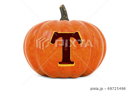 Letter T Halloween Font. Pumpkin with carved letter, 3D rendering Letter T Halloween Font. Pumpkin with carved letter, 3D rendering 69725496