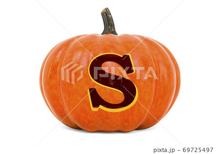 Letter S Halloween Font. Pumpkin with carved letter, 3D rendering Letter S Halloween Font. Pumpkin with carved letter, 3D rendering 69725497