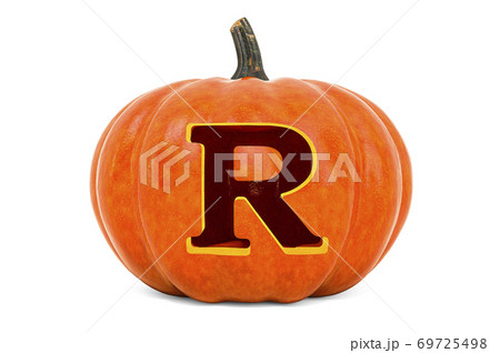 Letter R Halloween Font. Pumpkin with carved letter, 3D rendering Letter R Halloween Font. Pumpkin with carved letter, 3D rendering 69725498