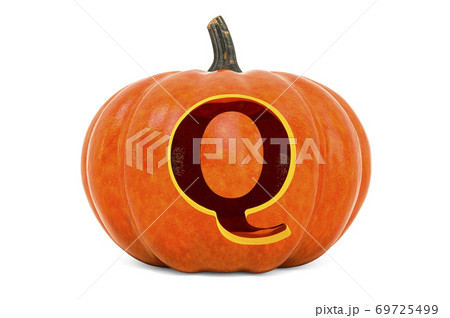 Letter Q Halloween Font. Pumpkin with carved letter, 3D rendering Letter Q Halloween Font. Pumpkin with carved letter, 3D rendering 69725499