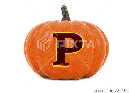 Letter P Halloween Font. Pumpkin with carved letter, 3D rendering 69725500