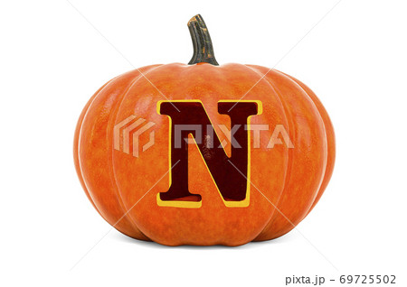 Letter N Halloween Font. Pumpkin with carved letter, 3D rendering 69725502