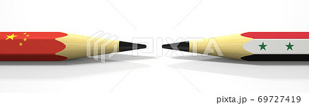 Opposing pencils with flags of China and Syria. Conflict concept, 3d rendering Opposing pencils with flags of China and Syria. Conflict concept, 3d rendering 69727419