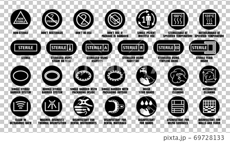 Full vector package collection of symbols for medical device, equipment, instruments, materials. Sterile and black icons isolated on white 69728133