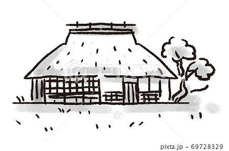 味のある墨絵調の茅葺き屋根の家のイラストのイラスト素材 [69728329