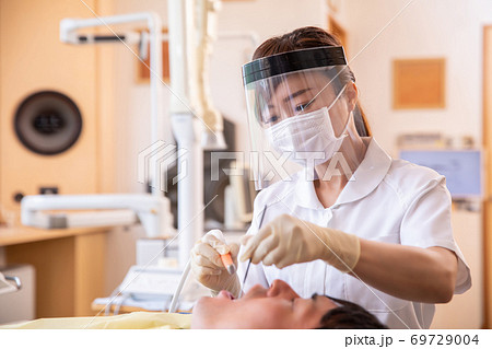 歯科衛生士と男性患者 69729004