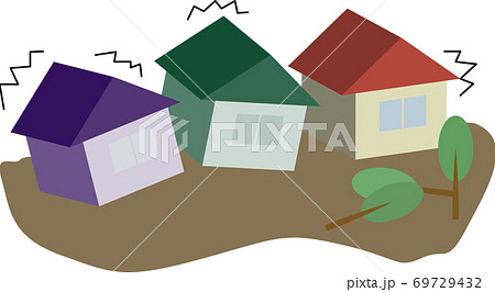 地震で倒れる木と揺れる家のイラストのイラスト素材