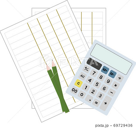 電卓と鉛筆と書類のシンプルなイラストのイラスト素材