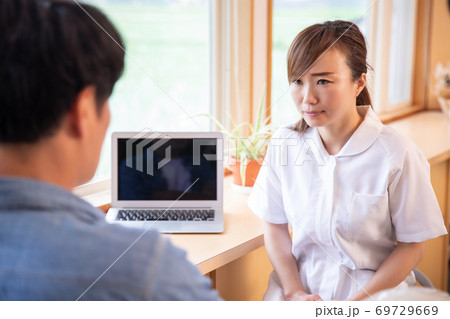 男性患者と謝罪するアジア人看護師 69729669