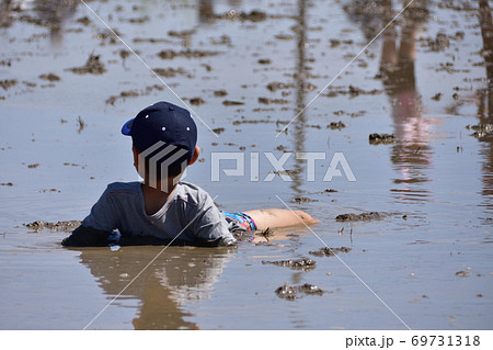 水田で泥んこ遊びの写真素材