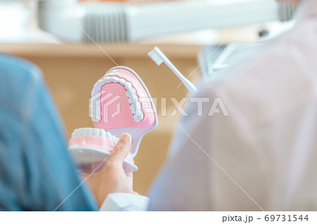 歯磨き指導する歯医者の写真素材