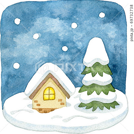 雪の降る夜(家とモミの木) 69732738