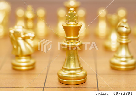 Gold king chess piece stand on wood chessboard Gold king chess piece stand on wood chessboard 69732891