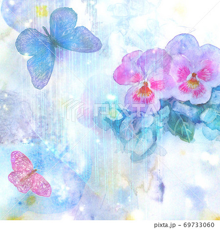 蝶とパンジーの花の幻想的な手描きイラストのイラスト素材 69733060 Pixta