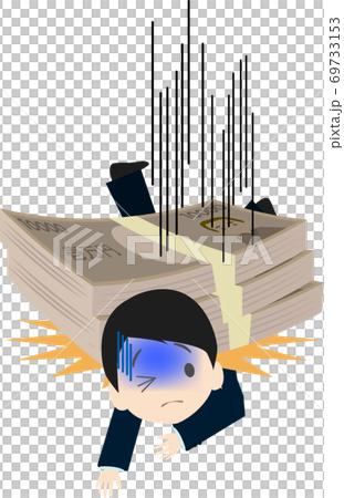 Illustration of a painful businessman crushed by a wad of debt 69733153