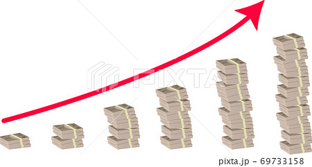 札束でできた右肩上がりの棒グラフのイラストのイラスト素材