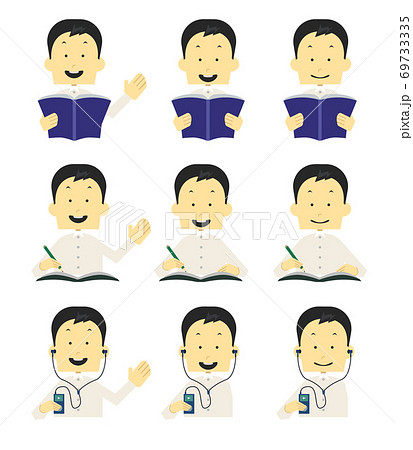 読む 書く 聞くをする男性 イラストセットのイラスト素材