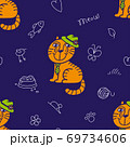 Seamless pattern for textile. Mr ginger cat in the green hat and tie. Cute red kitty on the dark blue background. Kids club or zooclinic 69734606