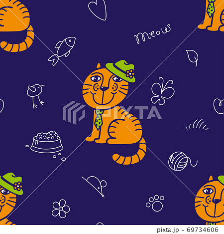 Seamless pattern for textile. Mr ginger cat in the green hat and tie. Cute red kitty on the dark blue background. Kids club or zooclinic 69734606