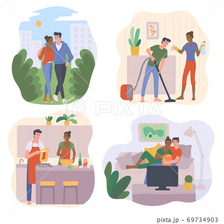 Couple joint pastime set with men and women flat vector illustration isolated. 69734903