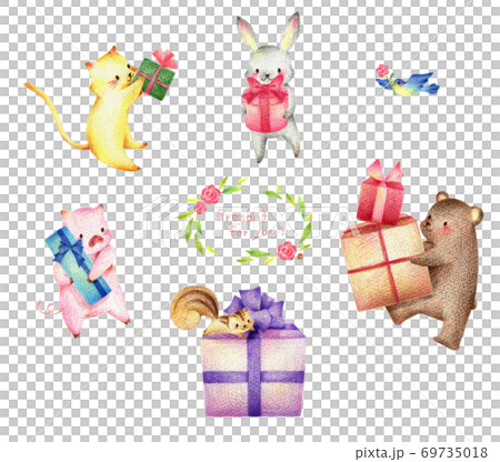 プレゼントを持った動物の手描き色鉛筆画のセット 69735018