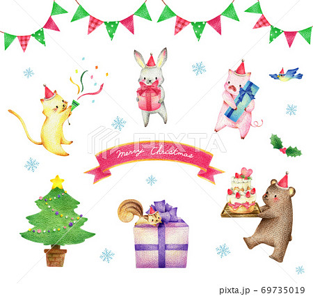 クリスマスパーティーの動物の手描き色鉛筆画のセットのイラスト素材