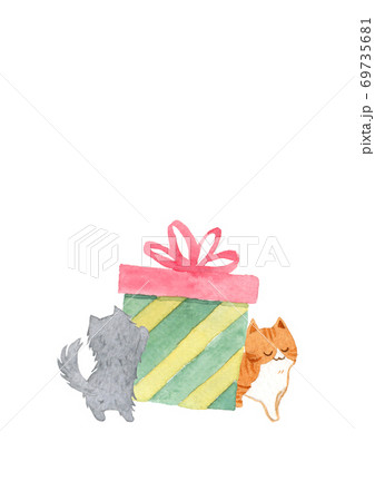 The cat is pushing the gift box. Watercolor hand painting illustration on white background.  69735681
