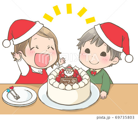 クリスマスケーキを見て喜ぶ子供のイラスト素材