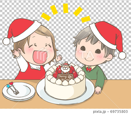 クリスマスケーキを見て喜ぶ子供のイラスト素材